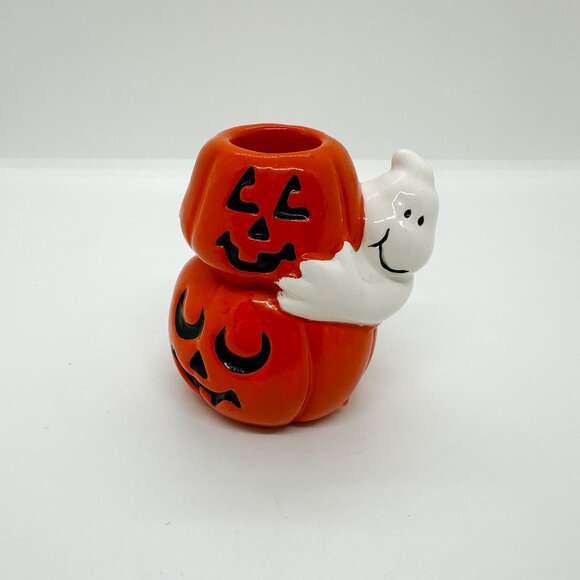 SOLD Vintage 90s AGC Ceramic Ghost Pumpkins Candle Stick Holder Halloween Spooky - Picture 1 of 8